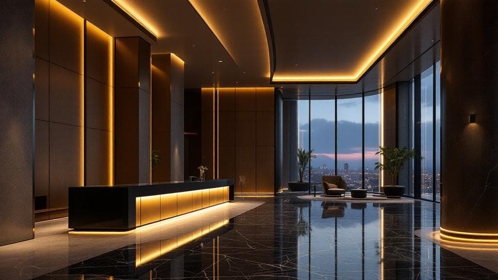 Luxuriöse Hotellobby mit warmem Ambiente und modernem Empfang