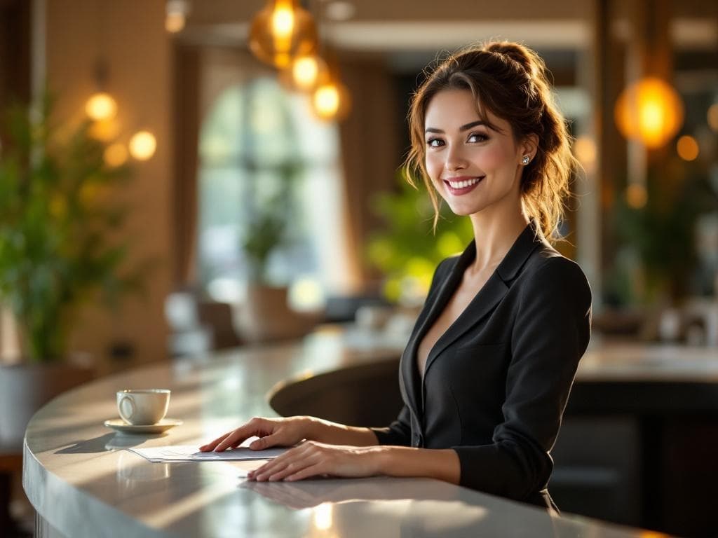 Rezeptionistin in einem Boutique-Hotel bietet exzellenten Service